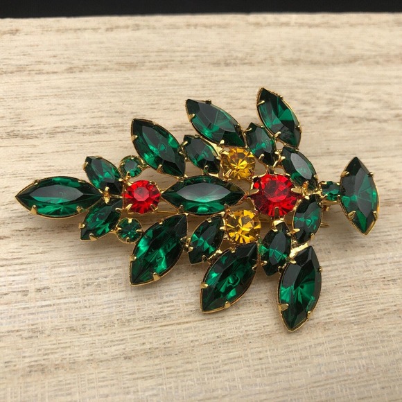 Vintage OTC Christmas Tree Brooch 2.5" Green Red Yellow Faceted Rhinestone Pin - Picture 3 of 8